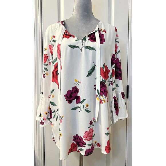 OLD NAVY Women’s Floral Tie Neck Bell Sleeve Blouse Top Flowy L Boho Lightweight - Picture 1 of 8